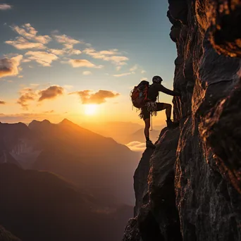 Climber reaching summit of cliff at sunrise - Image 3