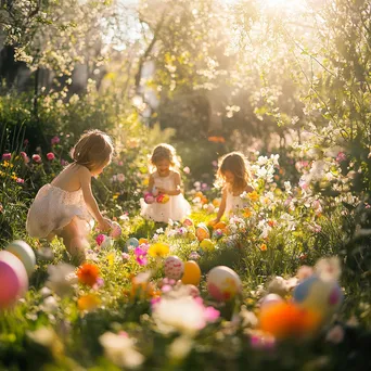 Children hunting for Easter eggs in a sunny flower-filled garden - Image 2