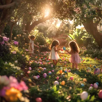 Children hunting for Easter eggs in a sunny flower-filled garden - Image 3