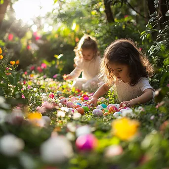 Children hunting for Easter eggs in a sunny flower-filled garden - Image 4