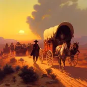 Settlers journeying through wild west with covered wagon at sunset - Image 3