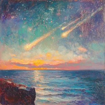 Meteor shower lighting up a serene seascape, painted in soothing pastel shades - Image 2