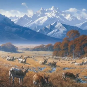 View of a snow-capped mountain range with deer grazing in the valley under a clear blue sky - Image 1