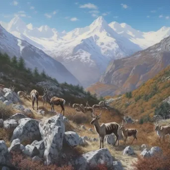 View of a snow-capped mountain range with deer grazing in the valley under a clear blue sky - Image 3