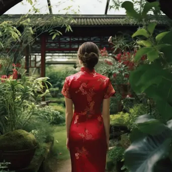 Chinese qipao dress in tea house garden - Image 1