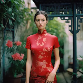 Chinese qipao dress in tea house garden - Image 2