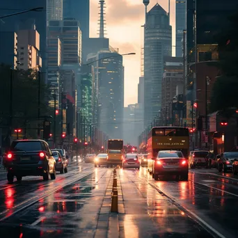 Urban street scene with digital grids between skyscrapers at dusk, photographed with a Fujifilm X-T4. - Image 1