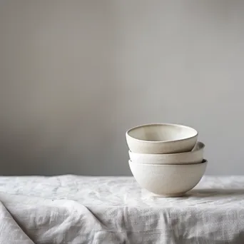 Empty ceramic bowls stacked on linen tablecloth - Image 1