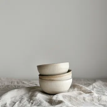 Empty ceramic bowls stacked on linen tablecloth - Image 3