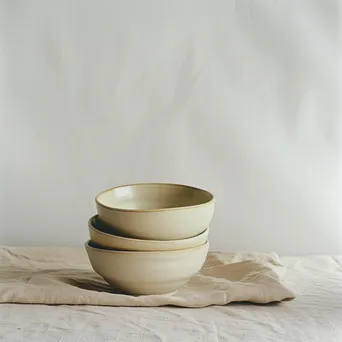 Empty ceramic bowls stacked on linen tablecloth - Image 4