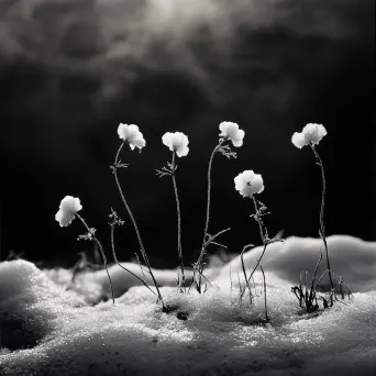 Black and white photograph of a snow-covered sundew plant against a dark Arctic backdrop - Image 3