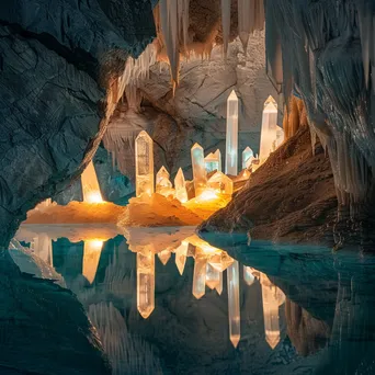 Illuminated grotto with glowing crystals and a reflective pool of water - Image 3