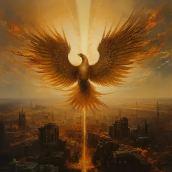 Illustration of a golden phoenix flying over a burning city - Image 3