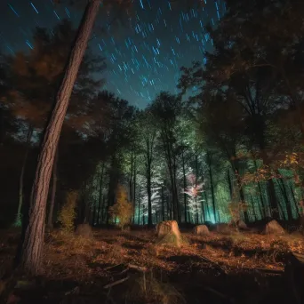 Starry night sky light painting in forest with illuminated trees - Image 1