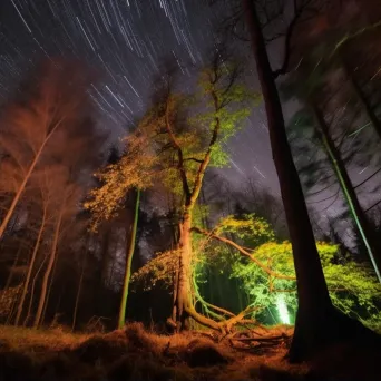 Starry night sky light painting in forest with illuminated trees - Image 2