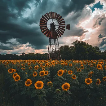 Windmill in sunflower field with dramatic sky - Image 1