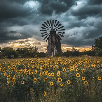 Windmill in sunflower field with dramatic sky - Image 2