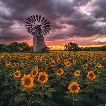 Windmill in sunflower field with dramatic sky - Image 4