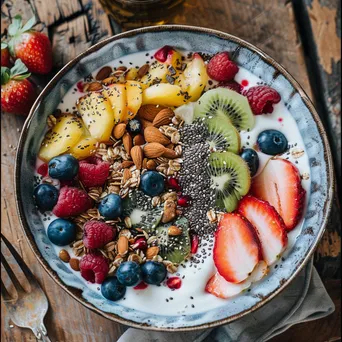 Close-up of a breakfast bowl with fruits and nuts. - Image 1