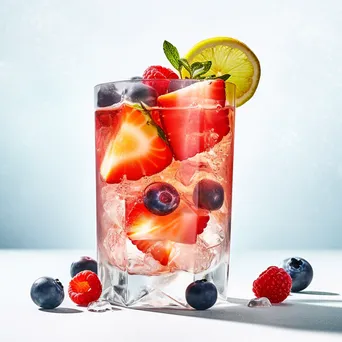 Colorful cocktail glass surrounded by ice and fruit - Image 3