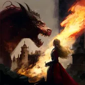 Knight battling dragon in fiery landscape - Image 4