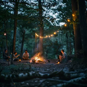 Friends roasting hot dogs by a campfire - Image 1