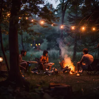 Friends Roasting Hot Dogs by Campfire