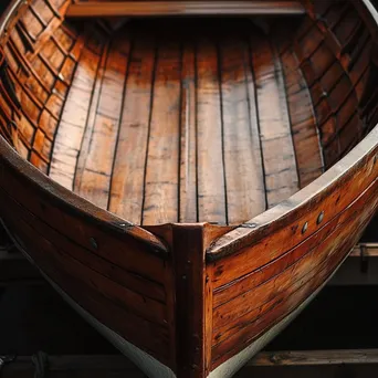 High-angle shot of a wooden boat resting on supports in natural light - Image 1