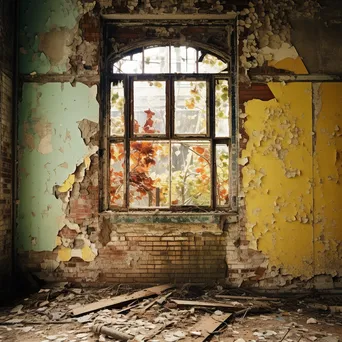 Black and white photograph of an abandoned building with peeling paint and broken windows - Image 4