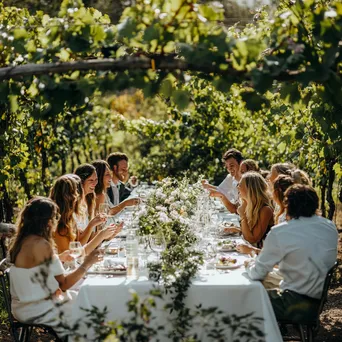 Group of friends celebrating at an elegant vineyard wedding. - Image 1