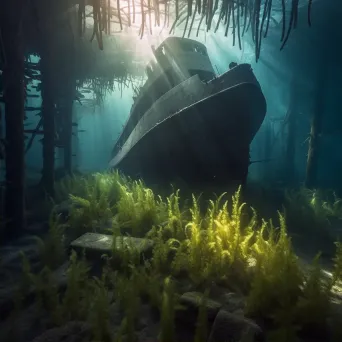 Modern shipwreck with underwater plants and sunlight underwater - Image 2