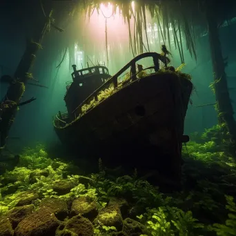 Modern Shipwreck with Underwater Plants and Sunlight