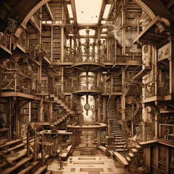 Classical library with hidden steampunk style inventions illustrated in sepia ink - Image 3