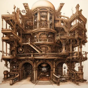 Classical library with hidden steampunk style inventions illustrated in sepia ink - Image 4