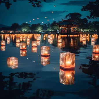 Glowing paper lanterns floating on a lake at night - Image 3