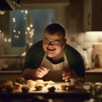 Man with Down syndrome baking cookies in a brightly lit kitchen - Image 4