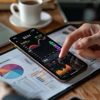 Hand using a phone to check cryptocurrency investment visuals surrounded by financial papers and a coffee cup. - Image 3