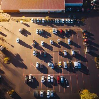 Aerial view of a busy grocery store parking lot with parked cars. - Image 1