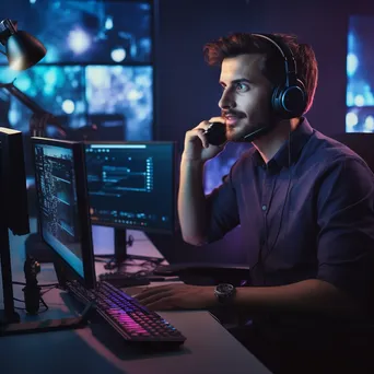 Customer support agent at his workstation with dual monitors - Image 2