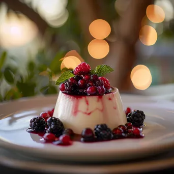 Vanilla panna cotta topped with berry compote on fine china - Image 3