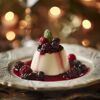 Vanilla panna cotta topped with berry compote on fine china - Image 4