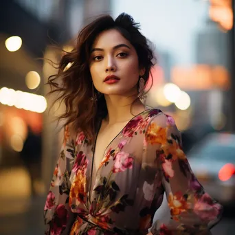 Woman in floral dress standing in an urban environment - Image 3