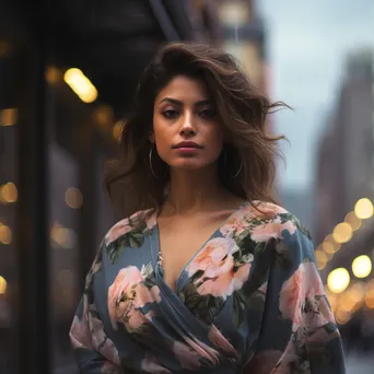 Woman in floral dress standing in an urban environment - Image 4