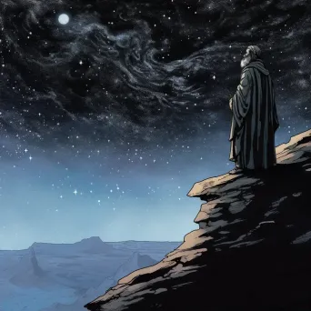 Ancient philosopher standing at the edge of a cliff, looking at the stars - Image 2