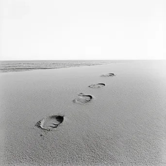 Black and white photograph of footprints in the sand, embodying fleeting existence and minimalism - Image 3