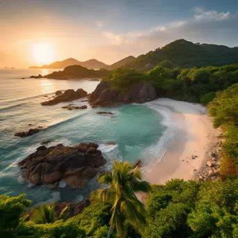 Tropical island with white sand and turquoise waters at sunrise - Image 1