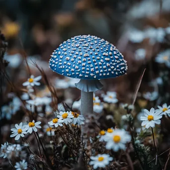 Blue mushroom surrounded by white flowers - Image 1