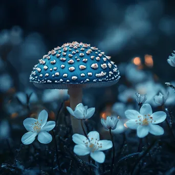 Blue mushroom surrounded by white flowers - Image 2