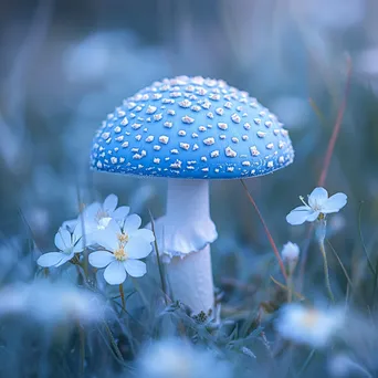 Blue mushroom surrounded by white flowers - Image 3