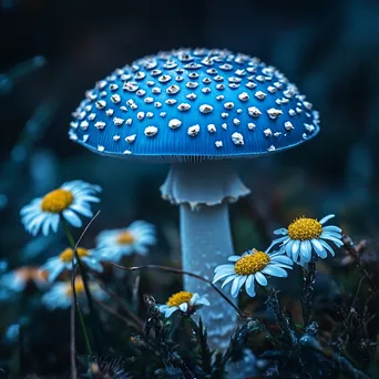 Blue Mushroom Among White Flowers